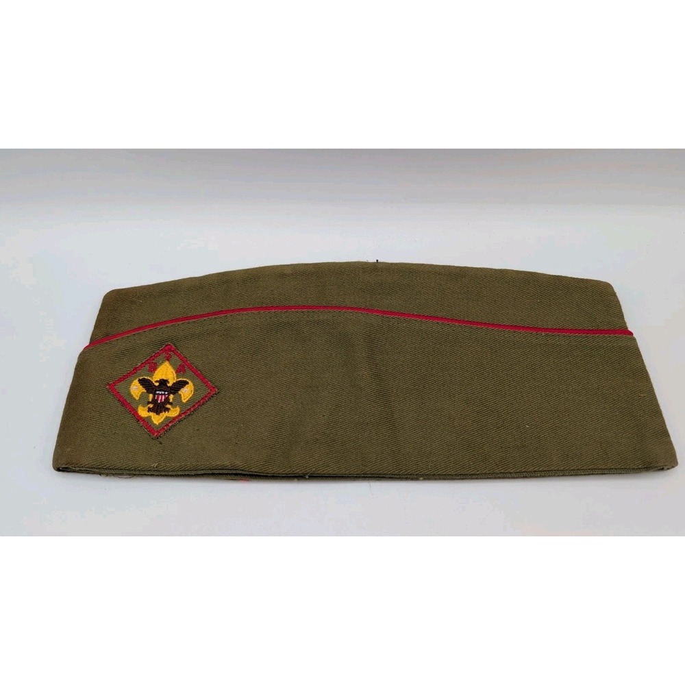Vtg BSA Official Uniform Garrison Hat Olive Green Red Piping Size Large
